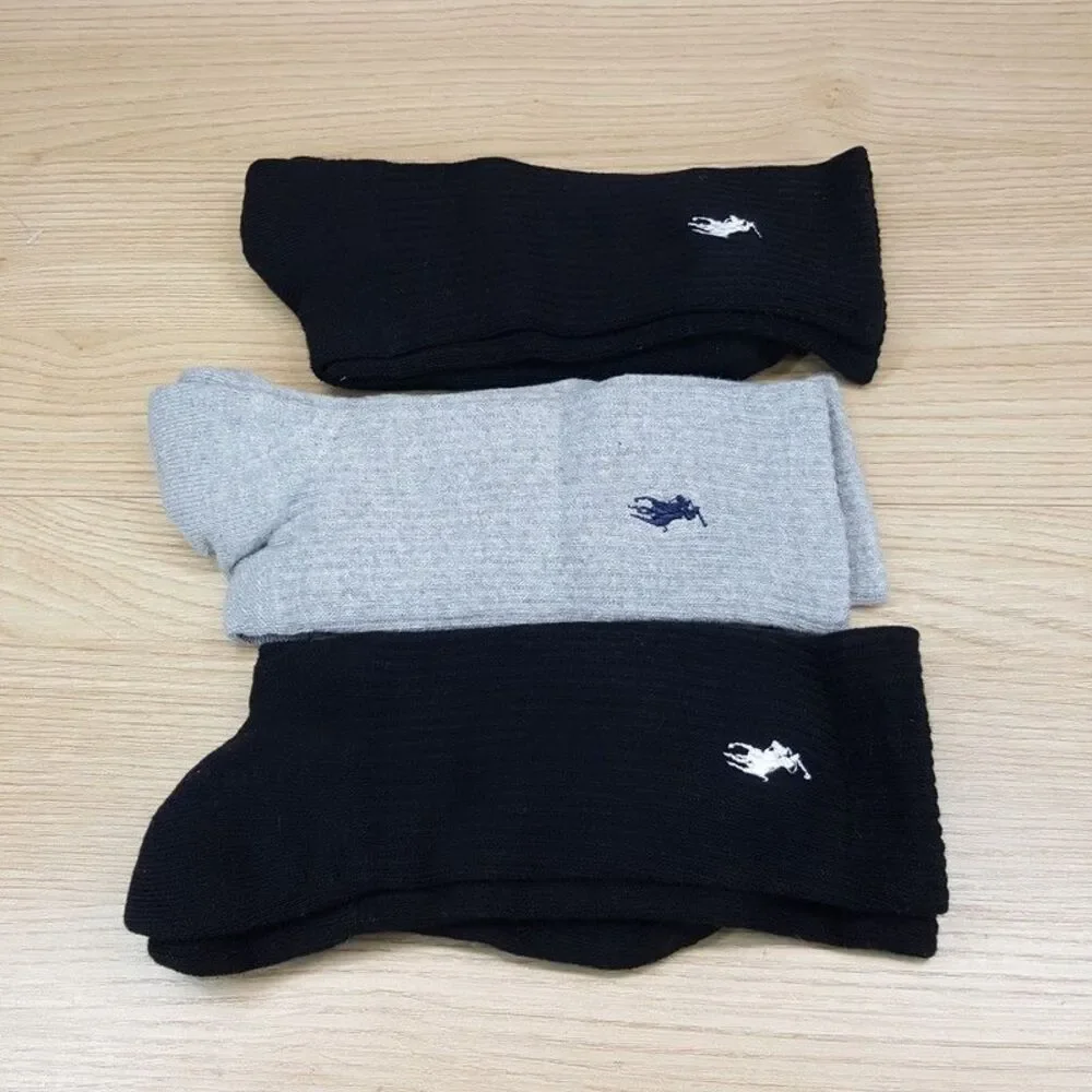 POLO RALPH LAUREN Crew Socks Mens Solid Black Gray 3-Pack Performance Pony Logo